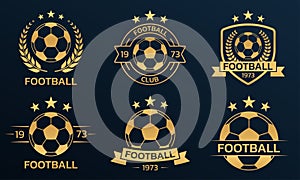 Soccer logo set with a ball. Football club or team emblem, badge, icon design. Sport tournament, league, championship gold labels